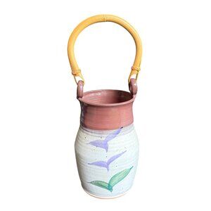 Handmade Studio Pottery Vase w/‎ Bamboo Handle Purple Gray Green Vessel Abstract